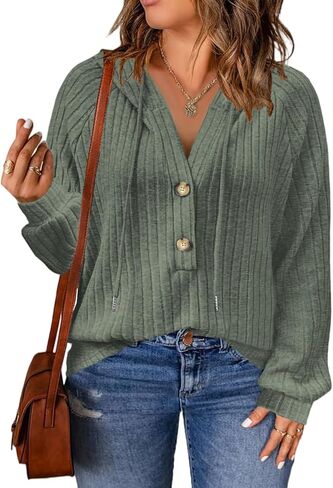 VISLILY Womens-Plus-Size-Hoodies Button V Neck Lightweight Knit Sweaters Casual Long Sleeve Tops Drawstring Hooded Sweatshirt in Kuwait