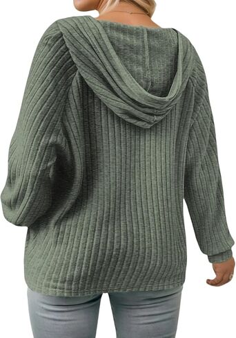 VISLILY Womens-Plus-Size-Hoodies Button V Neck Lightweight Knit Sweaters Casual Long Sleeve Tops Drawstring Hooded Sweatshirt in Kuwait