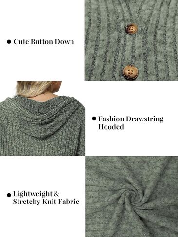 VISLILY Womens-Plus-Size-Hoodies Button V Neck Lightweight Knit Sweaters Casual Long Sleeve Tops Drawstring Hooded Sweatshirt in Kuwait