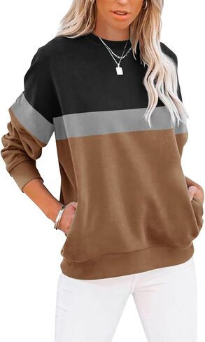 TICTICMIMI المرأة عادية كم طويل كتلة اللون/بلايز الصلبة Crewneck بلوزات لطيف فضفاض صالح البلوز مع جيوب in Kuwait