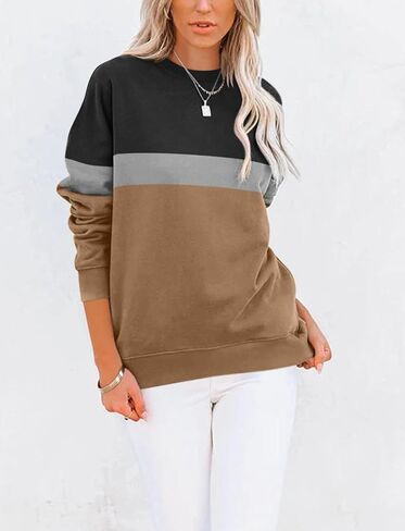 TICTICMIMI المرأة عادية كم طويل كتلة اللون/بلايز الصلبة Crewneck بلوزات لطيف فضفاض صالح البلوز مع جيوب in Kuwait