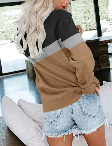TICTICMIMI المرأة عادية كم طويل كتلة اللون/بلايز الصلبة Crewneck بلوزات لطيف فضفاض صالح البلوز مع جيوب in Kuwait