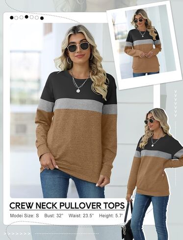 TICTICMIMI المرأة عادية كم طويل كتلة اللون/بلايز الصلبة Crewneck بلوزات لطيف فضفاض صالح البلوز مع جيوب in Kuwait