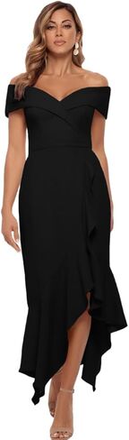 فستان Xscape نسائي متوسط ​​الطول بفتحة رقبة على شكل قلب مكشوف الكتفين مع حاشية هانكي in Kuwait