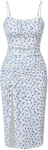 MakeMeChic Women's 2 Piece Outfits Ditsy Floral Sleeveless Cami Crop Top with Ruched Drawstring Split Maxi Skirt Sets in Saudi Arabia