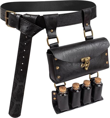 Medieval Alchemy Faux Leather Belt Waist Pack Bag Combo Potion Bottles with 4 Cork Potion Vials, Fantasy Wizard Rivet Belt Side Pouch for Cosplay Renaissance Faire Costume Props Accessories (B-Black) in Kuwait