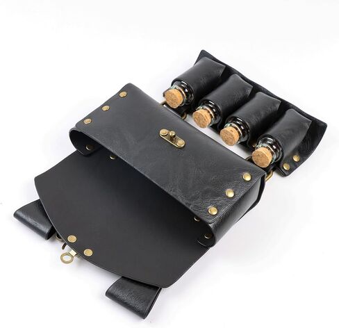 Medieval Alchemy Faux Leather Belt Waist Pack Bag Combo Potion Bottles with 4 Cork Potion Vials, Fantasy Wizard Rivet Belt Side Pouch for Cosplay Renaissance Faire Costume Props Accessories (B-Black) in Kuwait