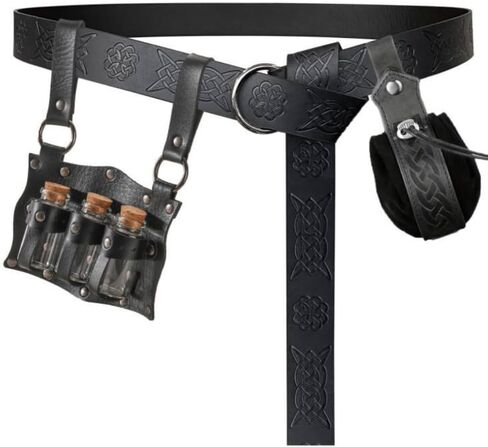 Medieval Alchemy Faux Leather Belt Waist Pack Bag Combo Potion Bottles with 4 Cork Potion Vials, Fantasy Wizard Rivet Belt Side Pouch for Cosplay Renaissance Faire Costume Props Accessories (B-Black) in Kuwait
