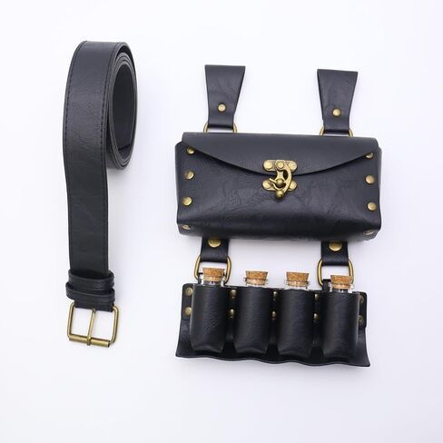 Medieval Alchemy Faux Leather Belt Waist Pack Bag Combo Potion Bottles with 4 Cork Potion Vials, Fantasy Wizard Rivet Belt Side Pouch for Cosplay Renaissance Faire Costume Props Accessories (B-Black) in Kuwait