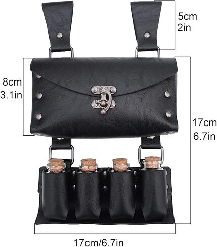 Medieval Alchemy Faux Leather Belt Waist Pack Bag Combo Potion Bottles with 4 Cork Potion Vials, Fantasy Wizard Rivet Belt Side Pouch for Cosplay Renaissance Faire Costume Props Accessories (B-Black) in Kuwait