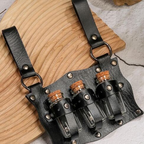 Medieval Alchemy Faux Leather Belt Waist Pack Bag Combo Potion Bottles with 4 Cork Potion Vials, Fantasy Wizard Rivet Belt Side Pouch for Cosplay Renaissance Faire Costume Props Accessories (B-Black) in Kuwait