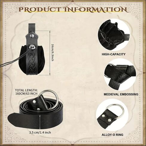 Medieval Alchemy Faux Leather Belt Waist Pack Bag Combo Potion Bottles with 4 Cork Potion Vials, Fantasy Wizard Rivet Belt Side Pouch for Cosplay Renaissance Faire Costume Props Accessories (B-Black) in Kuwait