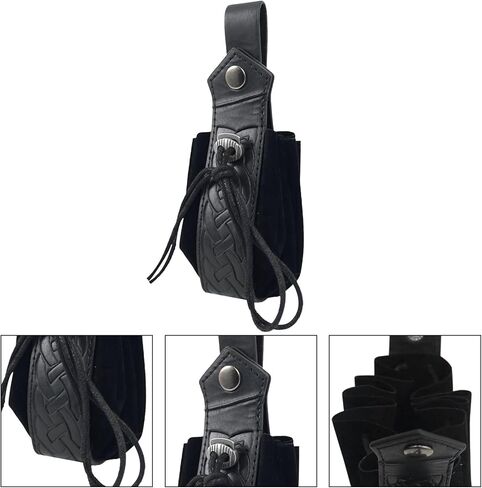 Medieval Alchemy Faux Leather Belt Waist Pack Bag Combo Potion Bottles with 4 Cork Potion Vials, Fantasy Wizard Rivet Belt Side Pouch for Cosplay Renaissance Faire Costume Props Accessories (B-Black) in Kuwait