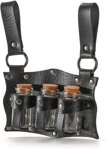 Medieval Alchemy Faux Leather Belt Waist Pack Bag Combo Potion Bottles with 4 Cork Potion Vials, Fantasy Wizard Rivet Belt Side Pouch for Cosplay Renaissance Faire Costume Props Accessories (B-Black) in Kuwait