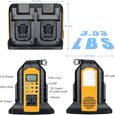 350W Portable Power Supply Inverter Power Adapter for Dewalt 20V MAX Li-ion Battery DC 20V to AC 120V Converter with AC Output, USB Port, Type-C Port, 300LM LED Light for Camping Emergency in Saudi Arabia