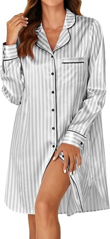 KIFOVEN Women's Silk Satin Striped Nightgown Button Down Collar V Neck Long Sleeve Nightshirt Nightdress in Saudi Arabia