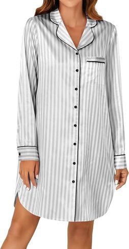 KIFOVEN Women's Silk Satin Striped Nightgown Button Down Collar V Neck Long Sleeve Nightshirt Nightdress in Saudi Arabia