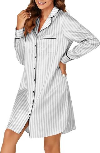 KIFOVEN Women's Silk Satin Striped Nightgown Button Down Collar V Neck Long Sleeve Nightshirt Nightdress in Saudi Arabia