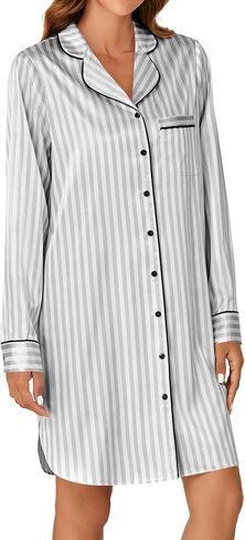 KIFOVEN Women's Silk Satin Striped Nightgown Button Down Collar V Neck Long Sleeve Nightshirt Nightdress in Saudi Arabia
