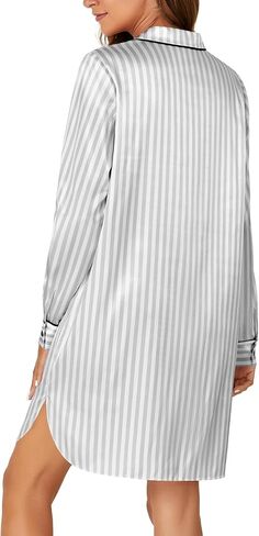 KIFOVEN Women's Silk Satin Striped Nightgown Button Down Collar V Neck Long Sleeve Nightshirt Nightdress in Saudi Arabia