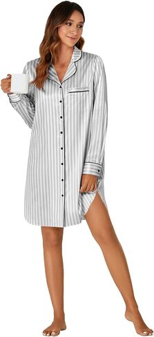 KIFOVEN Women's Silk Satin Striped Nightgown Button Down Collar V Neck Long Sleeve Nightshirt Nightdress in Saudi Arabia