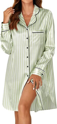 KIFOVEN Women's Silk Satin Striped Nightgown Button Down Collar V Neck Long Sleeve Nightshirt Nightdress in Saudi Arabia