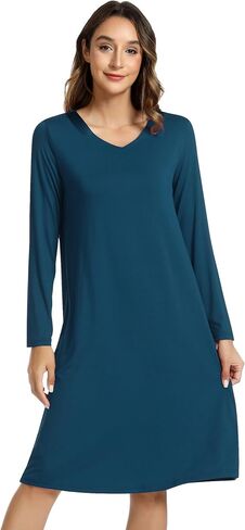 NACHILA Nightgowns for Women-Viscose Made from Bamboo, Long Sleeve Nightshirts Satin V Neck Sleepshirts Soft Sleep Dress in Saudi Arabia