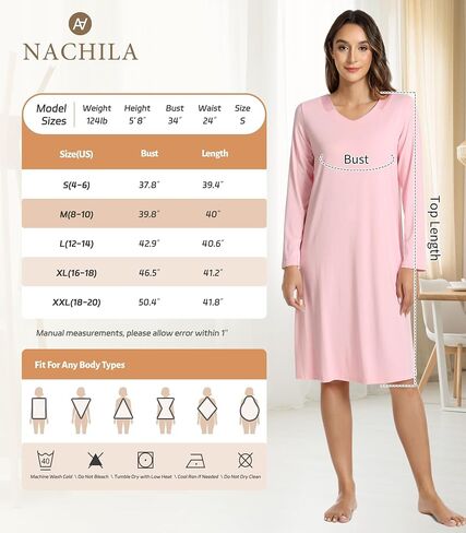NACHILA Nightgowns for Women-Viscose Made from Bamboo, Long Sleeve Nightshirts Satin V Neck Sleepshirts Soft Sleep Dress in Saudi Arabia