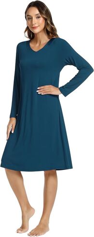 NACHILA Nightgowns for Women-Viscose Made from Bamboo, Long Sleeve Nightshirts Satin V Neck Sleepshirts Soft Sleep Dress in Saudi Arabia