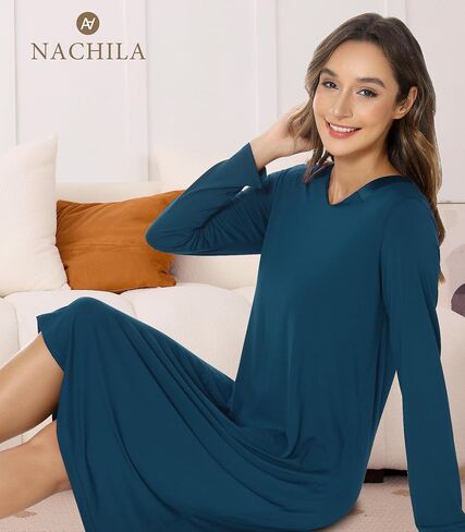 NACHILA Nightgowns for Women-Viscose Made from Bamboo, Long Sleeve Nightshirts Satin V Neck Sleepshirts Soft Sleep Dress in Saudi Arabia