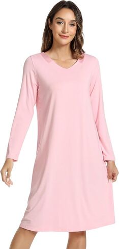 NACHILA Nightgowns for Women-Viscose Made from Bamboo, Long Sleeve Nightshirts Satin V Neck Sleepshirts Soft Sleep Dress in Saudi Arabia