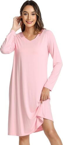 NACHILA Nightgowns for Women-Viscose Made from Bamboo, Long Sleeve Nightshirts Satin V Neck Sleepshirts Soft Sleep Dress in Saudi Arabia