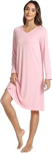 NACHILA Nightgowns for Women-Viscose Made from Bamboo, Long Sleeve Nightshirts Satin V Neck Sleepshirts Soft Sleep Dress in Saudi Arabia