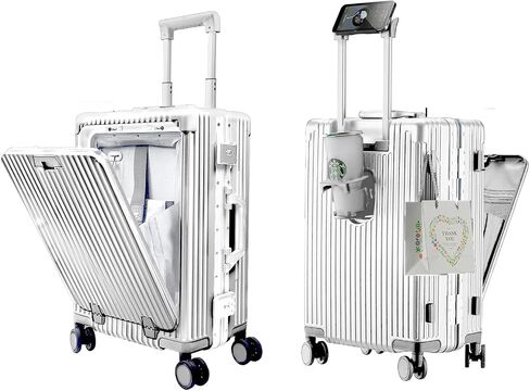 Carry On Luggage with Cup Holder and Usb Port, Aluminum Frame, Front Compartment, TSA Lock, 22x14x9 Airline Approved Hardside Suitcase with Spinner Wheels(Silver, 20-lnch), COL-004 in Saudi Arabia