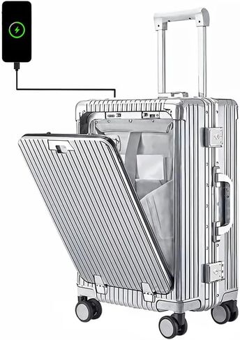 Carry On Luggage with Cup Holder and Usb Port, Aluminum Frame, Front Compartment, TSA Lock, 22x14x9 Airline Approved Hardside Suitcase with Spinner Wheels(Silver, 20-lnch), COL-004 in Saudi Arabia