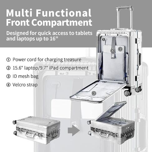 Carry On Luggage with Cup Holder and Usb Port, Aluminum Frame, Front Compartment, TSA Lock, 22x14x9 Airline Approved Hardside Suitcase with Spinner Wheels(Silver, 20-lnch), COL-004 in Saudi Arabia