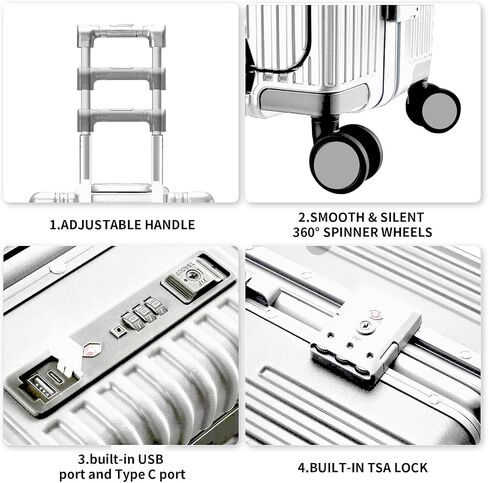 Carry On Luggage with Cup Holder and Usb Port, Aluminum Frame, Front Compartment, TSA Lock, 22x14x9 Airline Approved Hardside Suitcase with Spinner Wheels(Silver, 20-lnch), COL-004 in Saudi Arabia