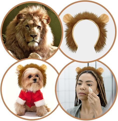SIOTMERA Lion Ears Headband-4Pack Lion Costume for Adult, Plush Realistic Animal Ears and Horn, Halloween Cosplay Birthday Washing Face Makeup Animal Theme Party Accessories for Adult in Kuwait