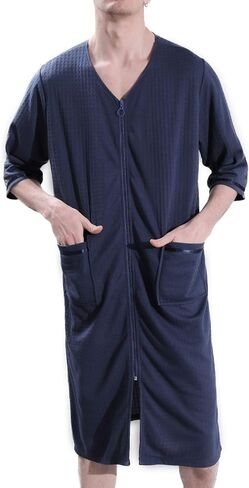 Men's Soft Pajamas Summer Robe Waffle Fall Long Zip Up 3/4 Sleeve House Cool Knee Length Loose Bathrobe in Saudi Arabia