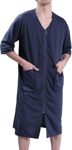 Men's Soft Pajamas Summer Robe Waffle Fall Long Zip Up 3/4 Sleeve House Cool Knee Length Loose Bathrobe in Saudi Arabia