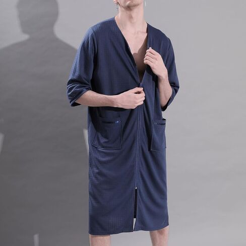 Men's Soft Pajamas Summer Robe Waffle Fall Long Zip Up 3/4 Sleeve House Cool Knee Length Loose Bathrobe in Saudi Arabia