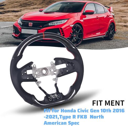 Carbon Fiber Steering Wheel for Honda Civic Gen 10th 2016-2021,Type R FK8 North American Spec, D-shaped Flat-bottom Perforated Leather Grip in Kuwait