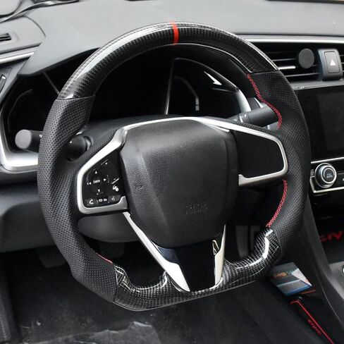 Carbon Fiber Steering Wheel for Honda Civic Gen 10th 2016-2021,Type R FK8 North American Spec, D-shaped Flat-bottom Perforated Leather Grip in Kuwait