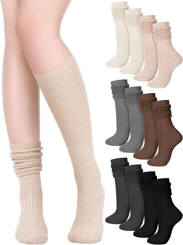 6 Pack Women Slouch Socks Cotton Knit Boot Socks Scrunch Socks Stacked Socks Warm Crew Tube Slouchy Socks Bulk in Kuwait