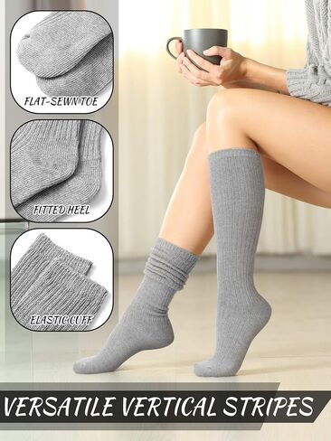 6 Pack Women Slouch Socks Cotton Knit Boot Socks Scrunch Socks Stacked Socks Warm Crew Tube Slouchy Socks Bulk in Kuwait