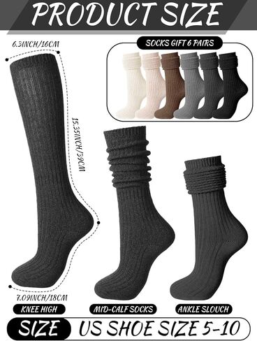 6 Pack Women Slouch Socks Cotton Knit Boot Socks Scrunch Socks Stacked Socks Warm Crew Tube Slouchy Socks Bulk in Kuwait