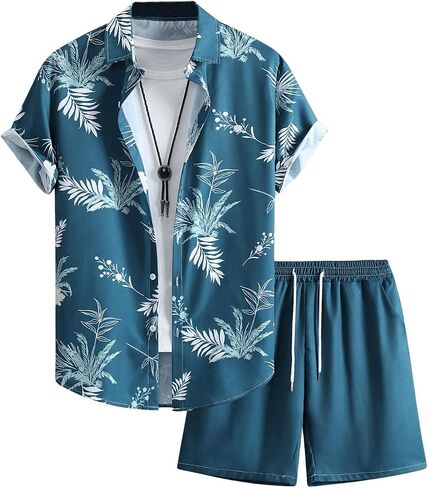 COZYEASE Men's 2 Piece Hawaiian Outfits Short Sleeve Button Down Shirt and Shorts Set Beach Tracksuits in Kuwait