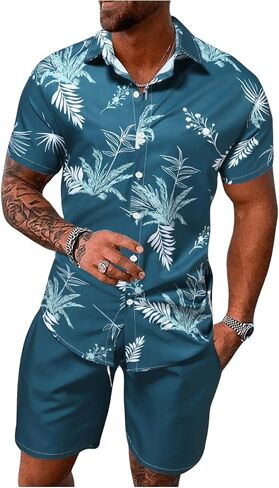 COZYEASE Men's 2 Piece Hawaiian Outfits Short Sleeve Button Down Shirt and Shorts Set Beach Tracksuits in Kuwait