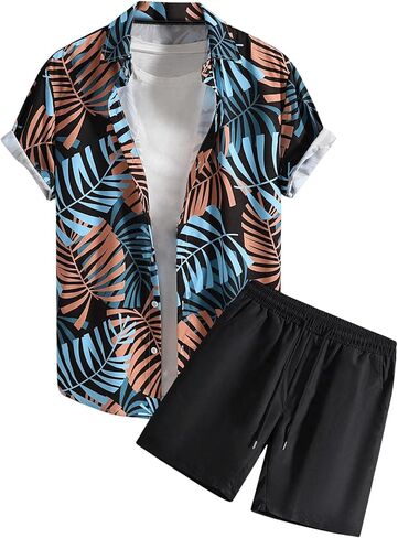 COZYEASE Men's 2 Piece Hawaiian Outfits Short Sleeve Button Down Shirt and Shorts Set Beach Tracksuits in Kuwait