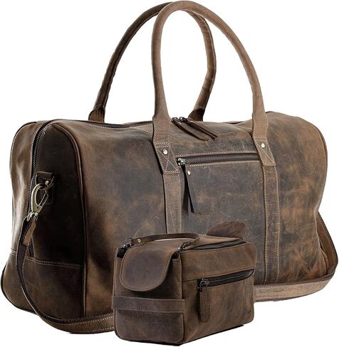 حقيبة أدوات الزينة الجلدية للجنسين طقم سفر Dopp وحقيبة جلدية مقاس 24 بوصة طوال الليل وعطلة نهاية الأسبوع حقيبة كابينة هولدول للرجال والنساء حزمة كومبو in Kuwait